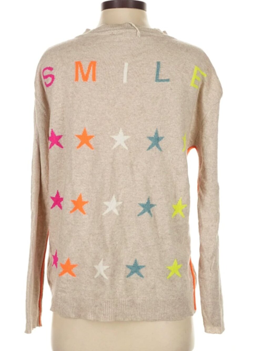 Vilagallo Wool Cashmere Blend V-Neck "SMILE" Star Sweater Light Tan/Neon XS